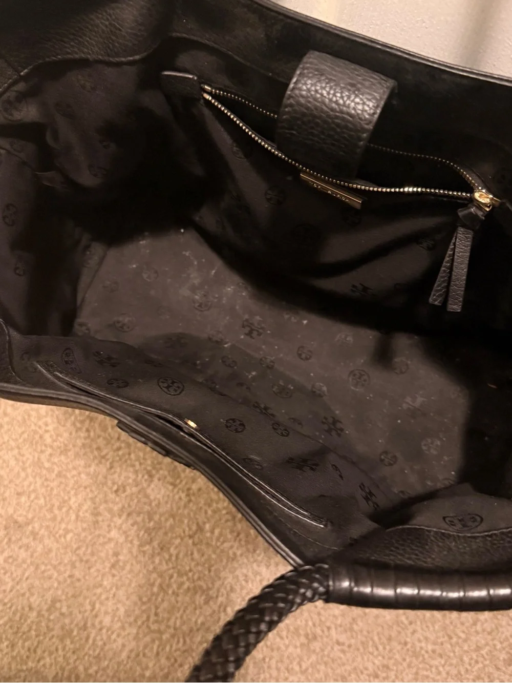 Tory Burch Black Braided-Handle Leather Tote